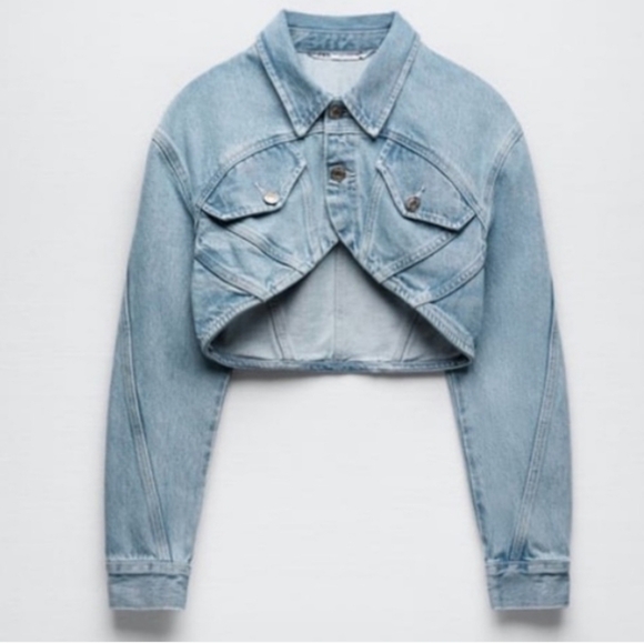ZARA Cropped Denim Jacket Light Wash Arched Hem Jean Bolero Size L - Picture 2 of 13